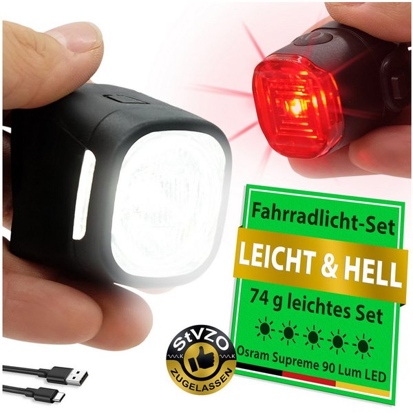 Widder Fahrradbeleuchtung Vorne & Hinten Fahrradlicht Set [StVZO, Sehr Hell 90 Lum LED, USB-C], Kompakt & Leicht • Extra-Hell • Fahrrad, Scooter, Kinderfahrrad