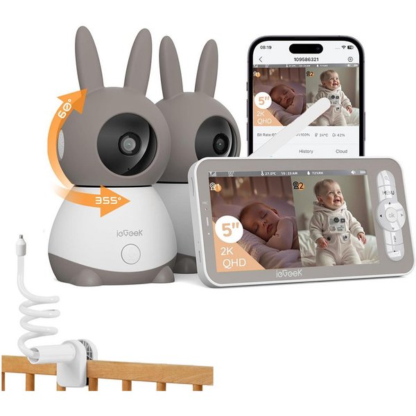 TWUFY Babyphone Split-Screen Babyphone mit 2 Kameras 5" HD Video Babyphone PTZ, Babyphone mit 2 Kameras und Audio, Weinen/Bewegungs/Geräuscherkennung, Bewegungs