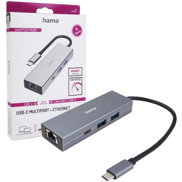 Hama USB-C USB-Hub Type-C 3.2 Ethernet Adapter ALU USB-Adapter USB-C zu USB-C, USB-A, Ethernet, SuperSpeed USB Typ C 3.2 USB-Verteiler 2 USB-A 1x USB-C 1x LAN P