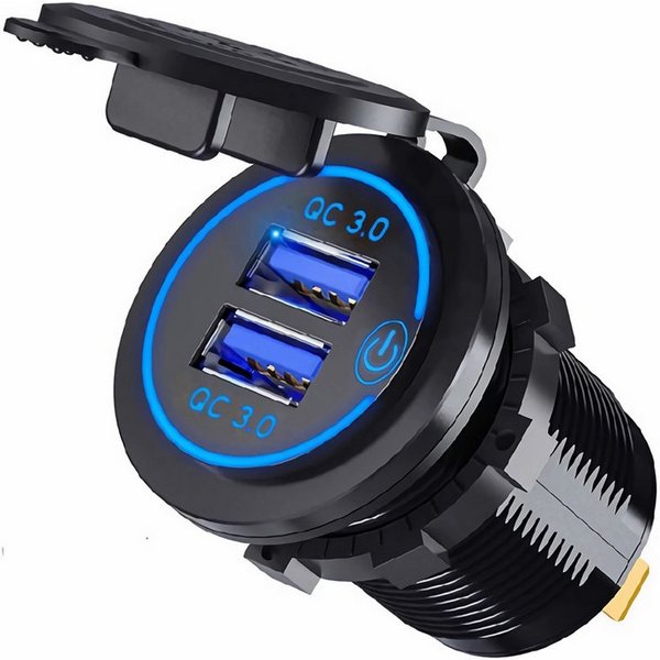 Bolwins N21 Wasserdicht Zigarettenanzünder 2x USB Steckdose QC3.0 mit Schalter KFZ-Netzteil (QC3.0 Schnellladung, Dual-USB, 36W, Touch-Schalter, 12–24V kompatib