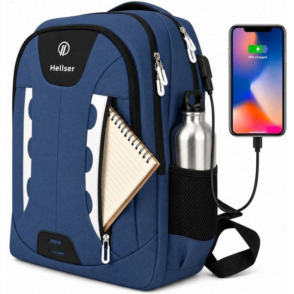 HELLSER Laptoprucksack & Schulrucksack NOVA Unisex mit USB-Ladeanschluss & Laptopfach 16 Zoll, Wasserabweisend, Reiserucksack Handgepäck, Reflektoren, Ergonomis