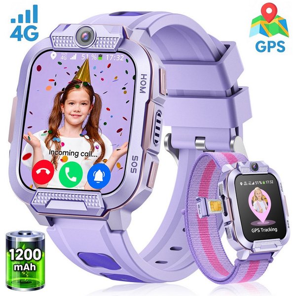 Whraills 2026 4G Kinder Smartwatch mit GPS Telefon Video SOS für Jungen Mädchen Smartwatch 4-fache Ortung (GPS, WLAN, LBS, AGPS), Sicherheitszonen, Eltern App, 