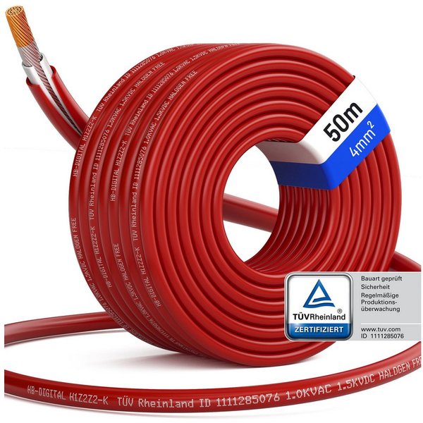 HB-DIGITAL Solarleitung H1Z2Z2-K Solarkabel 4mm2 PV Kabel Photovoltaik Solarkabel, Solarstecker, (5000 cm), TÜV Rheinland zertifizierte PV Kabel