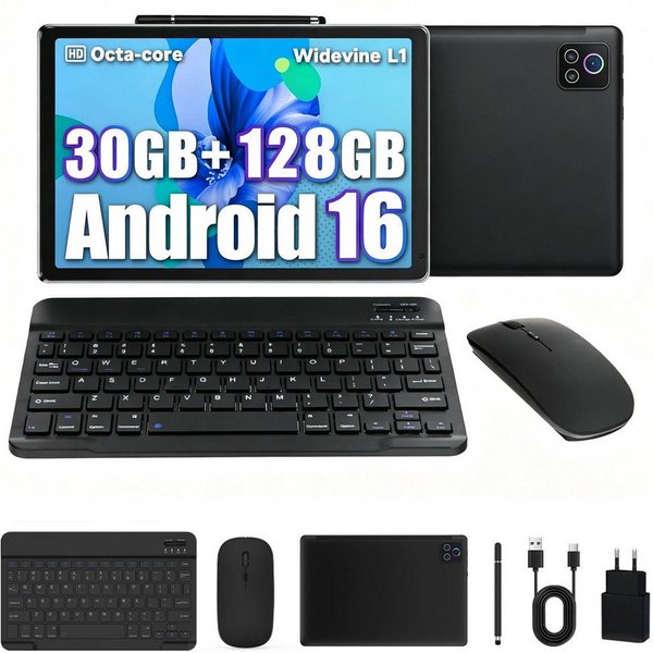 BUFO 10 Zoll, 128GB+1TB Erweiterbar, 1280x800 IPS HD, Wifi 6, Android 16 Tablet (10", 128 GB, Android 16, WiFi 6, 30(6+24)GB RAM, mit Stift, Tastatur und Maus, 