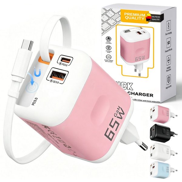 SWGOTA 2026 Neues 65W GaN 3-Port USB C Ladegerät mit Einziehbarem Kabel USB-Ladegerät (65W Schnellladegerät, 3-in-1 USB Netzteil, PD 3.0 Power Adapter, Unterstü