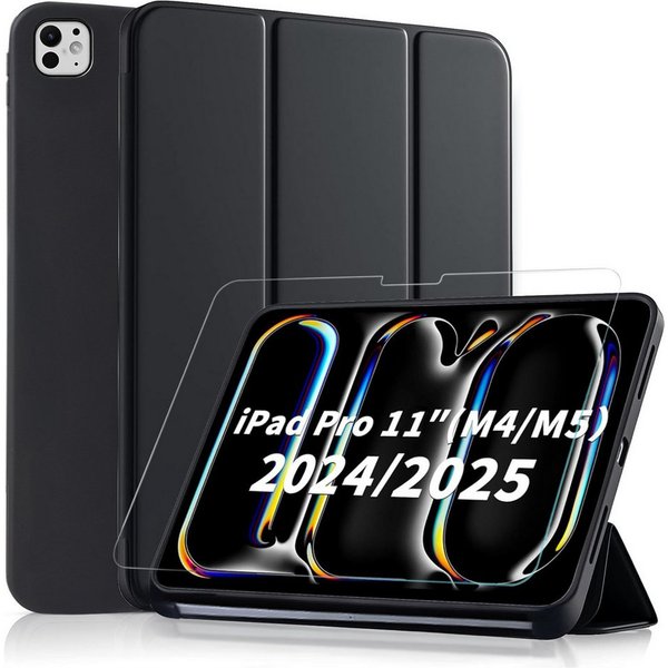 CLM-Tech Tablet-Hülle + Panzerfolie für iPad Pro M5 / M4 (2025/2024) 11 Zoll, Standfunktion, Magnetverschluss, Auto Schlaf/Wach Funktion