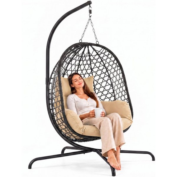 Goods+Gadgets Hängestuhl Polyrattan Hängestuhl mit Gestell und Kissen–Komfort für Innen & Außen (Hängekorb Sessel), Schwebeliege Rattan Outdoor & Indoor Relax H