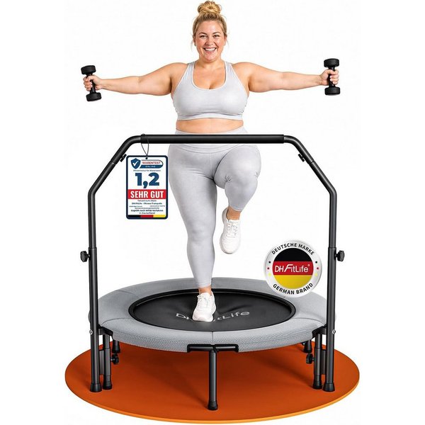 DH FitLife Fitnesstrampolin Indoor Bungee-Trampolin Ø102 cm, 150 kg mit Haltegriff, Ø 102 cm, (Einzelprodukt, Fitness-Trampolin), 28 vormontierte 10-mm-Bungees,