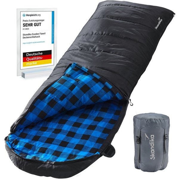Skandika Deckenschlafsack Dundee Baumwollflanell, Koppelbar, Kopfteil mit Kordel (Reißverschluss mit Webband-Klemmschutz, Innentasche mit Klett), 3 Jahreszeiten