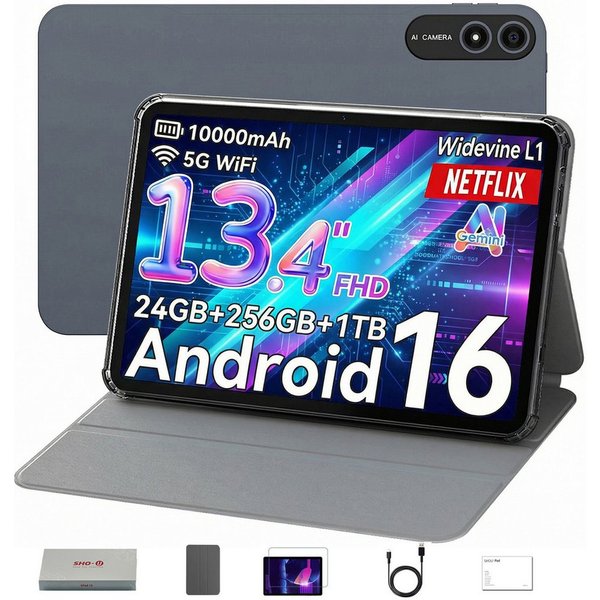SHOU SPad13,13,4 Zoll, Android 16, 10000mAh,mit Schutzhülle, 6+256GB, WiFi Tablet (13.4", 256 GB, Android 16, WiFi, GPS, OTG, FM, Gemini AI, Unisoc T615,Octa-Co