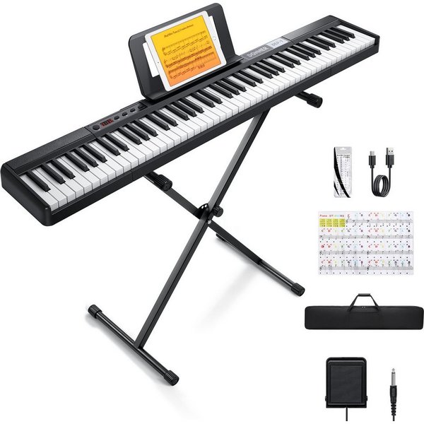 Donner Home-Keyboard Klavier 88 Tasten Elektro piano Einsteiger Tragbares E-Piano DEP-1 (Set, mit Ständer, Sustain-Pedal, Transporttasche und Keyboard-Aufkleber