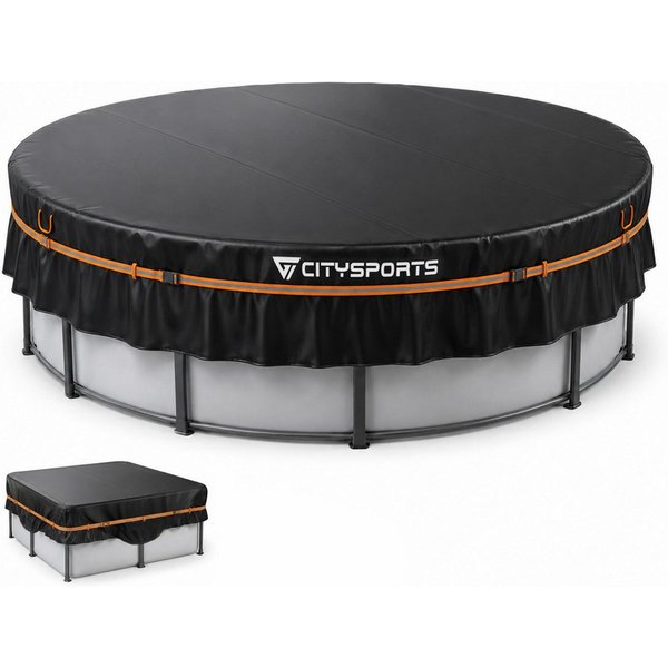 CITYSPORTS Pool-Abdeckplane Poolabdeckung Ø370 cm für 12 ft Rundpool & eckige Aufstellpools, 420D Oxford, PU-beschichtet, UV50+, 40 cm Seitenschürze, Reflexgurt