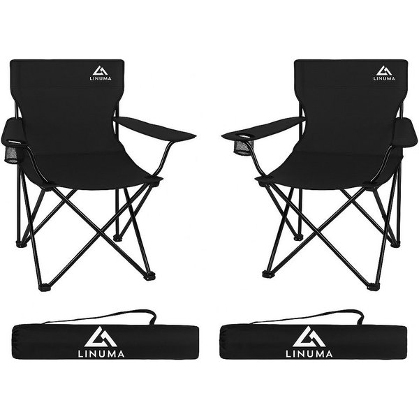 LINUMA Campingstuhl faltbar mit extra großem Getränkehalter, stabiler Klappstuhl schwarz (2 St), Faltbarer Campingstuhl mit XL-Getränkehalter für Festival & Out