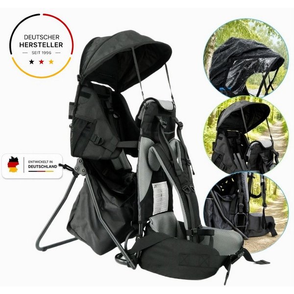 FASports Rückentrage Lil' Boss Kinderkraxe, Kindertrage (schwarz-grau, 1-tlg., Kinderrückentrage), Babytrage, 5-Punkt-Sicherungsgurt, Regen- und Sonnendach, Tas