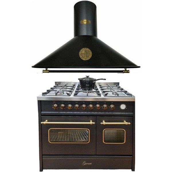 GURARI Gas-Standherd Retro Gas Elektro Standherd 90 cm, Range Coocker in Schwarz mit zwei Backöfen+Dunstabzugshaube Umluft/Abluft • 910 m³/h • 90 cm GCH E 916 B