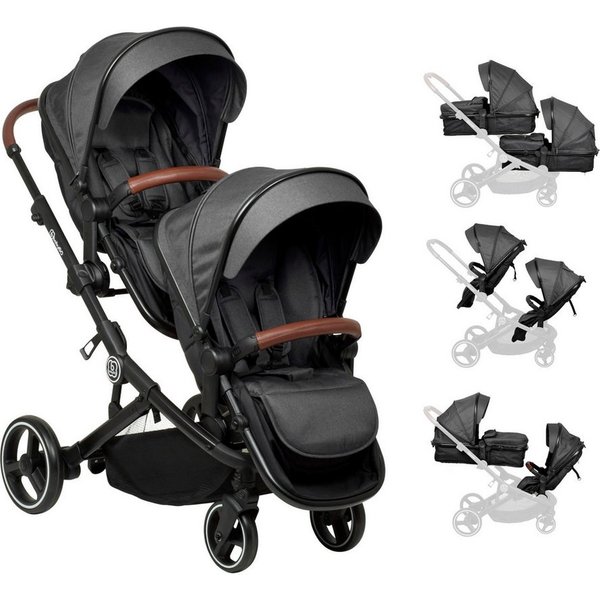 BabyGo Zwillings-Kombikinderwagen Twinner Set, Grey melange, (Set), inkl. 2 Regenhauben, Wickeltasche
