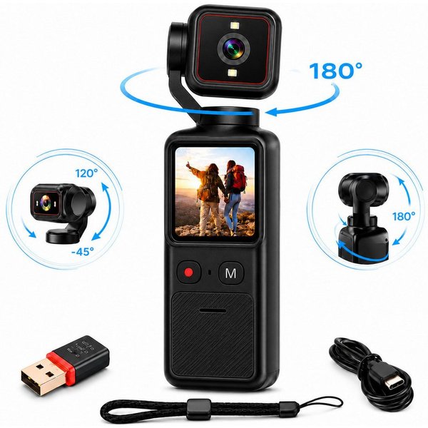 Fyrove 4K Action Cam mit 180°-Drehobjektiv, 1,69-Zoll-Touchscreen, WLAN Panoramakamera (integriertes Gimbal-Objektiv, kein weiteres Objektiv, 12 MP, 1x opt. Zoo