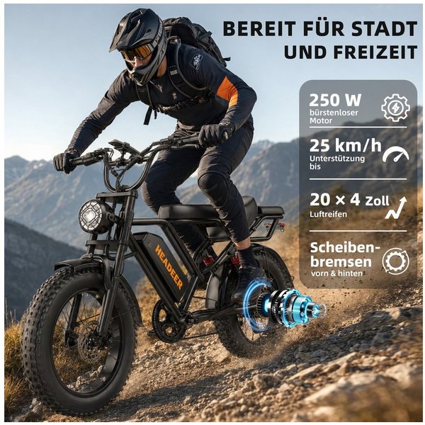 WHEELYOU E-Bike Mountainbike Herren u. Damen E-Fatbike 20 Zoll 250W 960Wh 80km Scheibenbremse, Kettenschaltung, Heckmotor, 960 Wh, (Beleuchtungsset mit Batterie