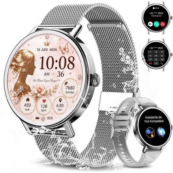 blackview Smartwatch Damen, Bluetooth-Telefonie, Über 100 Sportmodi, Neuheit 2026 Smartwatch (4.2 cm/1.26 Zoll) Set, 1-tlg., mit Wechselband aus weichem Silikon