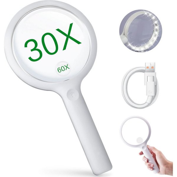 MOPUEA Handlupe Lupe 30/60 fach 110mm Große LED-HandLupe Leselupe mit Licht 3 Modi, 1200mAh Akku erweitertes Sichtfeld, Lesehilfe mit Griff, 1-tlg., Juweliere, 