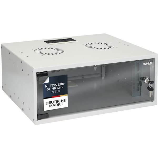 HMF Serverschrank Netzwerkschrank, Serverschrank 19 Zoll, 4 HE, 400 mm Tiefe, Glastür, Lichtgrau