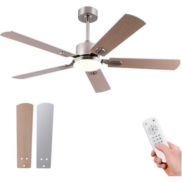Rolipo Deckenventilator LED-Licht 3 Farben/Fernbedienung, Leiser DC-Motor Deckenventilator, 52 Zoll (Sommer/Winter), 6 Stufen, 2 Deckenstangen