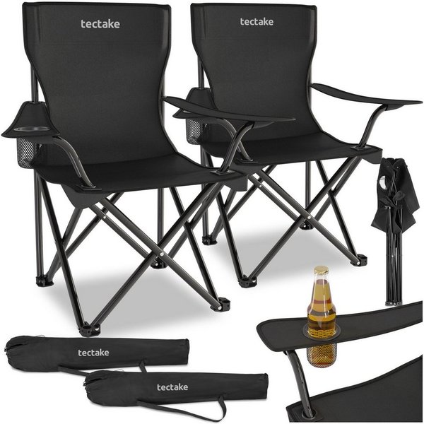 tectake Campingstuhl Gartenstuhl faltbar, mit Getränkehalter, 80 x 48 x 84,5 cm (Outdoor Klapptstuhl Gil für Außen in Schwarz, 2 St), geringes Gewicht, inkl. Tr