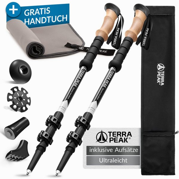Terra Peak Wanderstöcke Teleskop, Trekkingstöcke, Korkgriff, 65 - 135 cm (inklusive Mikrofaserhandtuch und 4 zusätzliche Aufsätze), zum Wandern und Nordic Walki