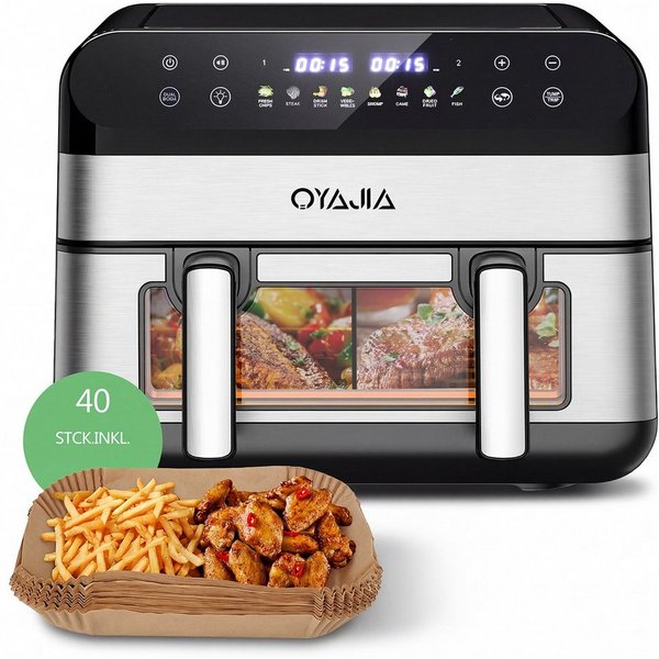 oyajia Heißluftfritteuse Heißluftfritteuse 2 Kammern, 10L Airfryer Doppelkammer Einkammer Verstellbar, 2600W 8 in 1 Heissluftfritteuse Doppelkammer Temperatur S