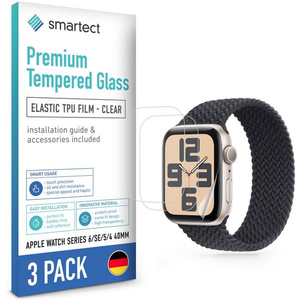 smartect Displayschutzfolie 3X TPU Schutzfolie Klar für Apple Watch Series 6 / SE / 5 / 4 40mm für Apple Watch Series 6 / SE / 5 / 4 40mm, Set, 3 Stück, Ultra-k