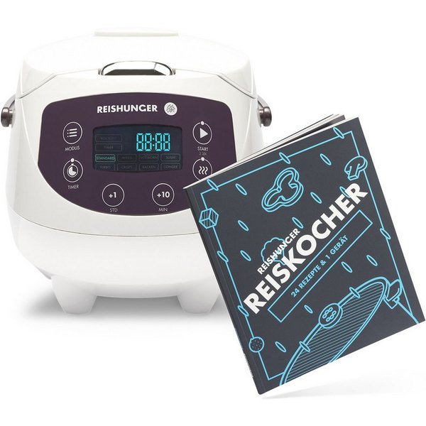 Reishunger Reiskocher Digital Mini – 0,6 L – Multikocher – 8 Programme – Keramikbeschichtung, 350 W, Dämpfeinsatz, Messbecher, Reislöffel, Timer- und Warmhaltef