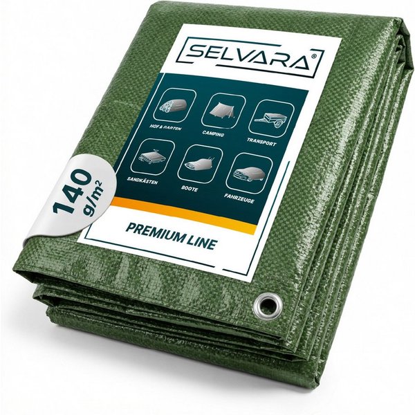 SELVARA Schutzplane Abdeckplane 140g/m² grün mit Ösen, Gewebeplane wasserdicht, reißfest, Plane UV-stabilisiert in vielen verschiedenen Farben & Größen