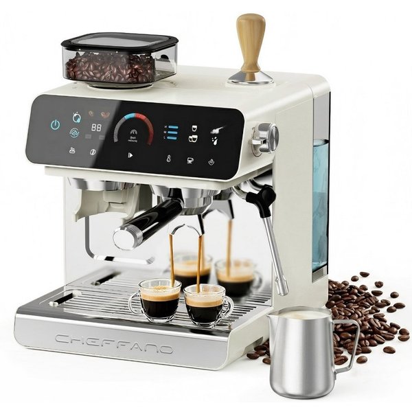 CHEFFANO Espressomaschine 20 Bar, Siebträgermaschine mit integriertem Mahlwerk, 19 Mahlgradstufen, 1x4, 1350W, 20bar