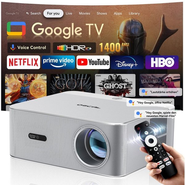 OSCAL PV800 PRO: 1400 ANSI Lumen, 4K, Google TV mit Netflix, WiFi 6 LED-Beamer (Google TV, WiFi 6, Auto-Fokus, Auto-Keystone,BT 5.0, 4000:1 Kontrast)