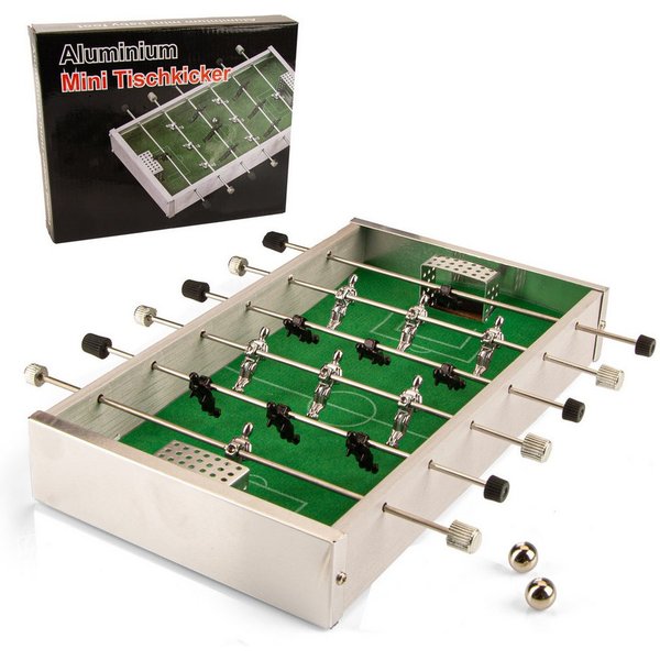 Goods+Gadgets Kickertisch Kickertisch Mini-Tischfußball – Alu Kicker für Kinder & Erwachsene. (Alu Kicker-Tisch, im Taschenformat), Soccer Table