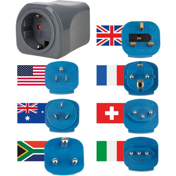 Brennenstuhl Weltreise-Set mit 10 A Sicherung Reiseadapter Typ EF (Konturenstecker) zu Typ EF (Konturenstecker), Typ G (Großbritannien), Typ L (Italien)