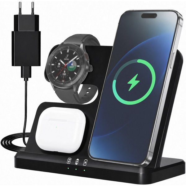 Senmudi 3 in 1 Kabellose Ladestation 15W - Ohne Kabelchaos Induktions-Ladegerät (Schnelles Kabelloses Ladegerät Handy Ständer handyhalterung, Für Samsung Galaxy