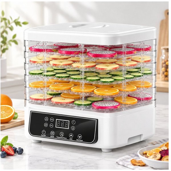 Fofile Dörrautomat Dörrautomat für Obst und Gemüse, Dörrgerät mit Temperaturregler 160 W, 6 Etagen, 48h-Timer, 6 Einlegefächer, 35–70 °C, Snack to go