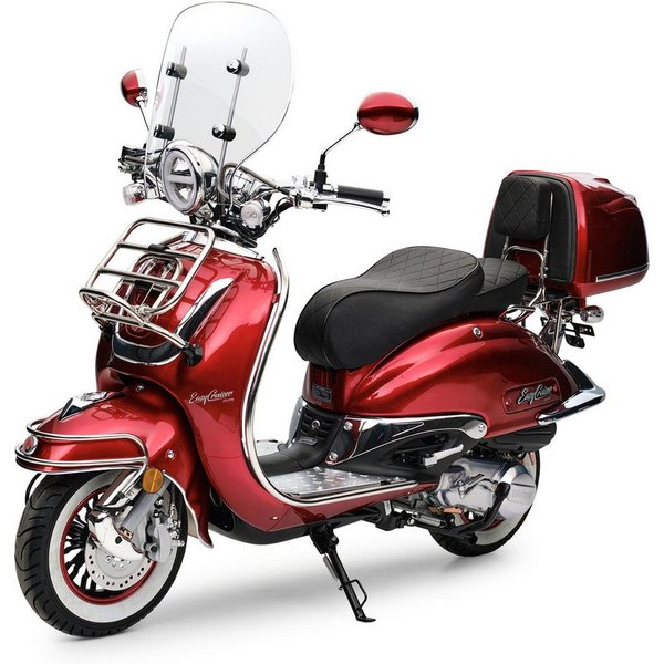 Burnout Motorroller EasyCruiser Chrom Dunkelrot, 50 ccm, 25 km/h, Euro 5, Mofa, 4-Takt EFI, Retro, Weißwandreifen, Windschild, Topcase, USB-A/C