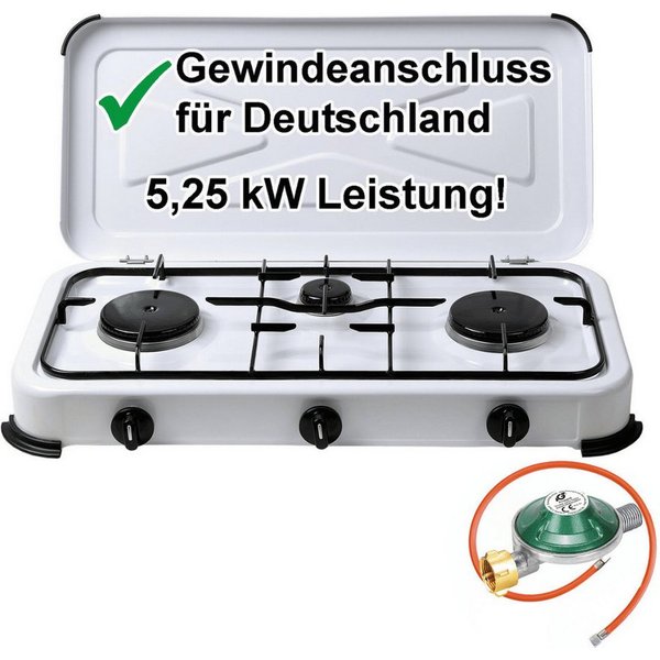 BlueCraft Gaskocher 3 flammig 50mbar Propan Gas Campingkocher 5,25 kW Gas-Kochfeld Gasherd, (mit Schlauch 100 cm und Gas Regler Druckminderer), Camping Gas Koch