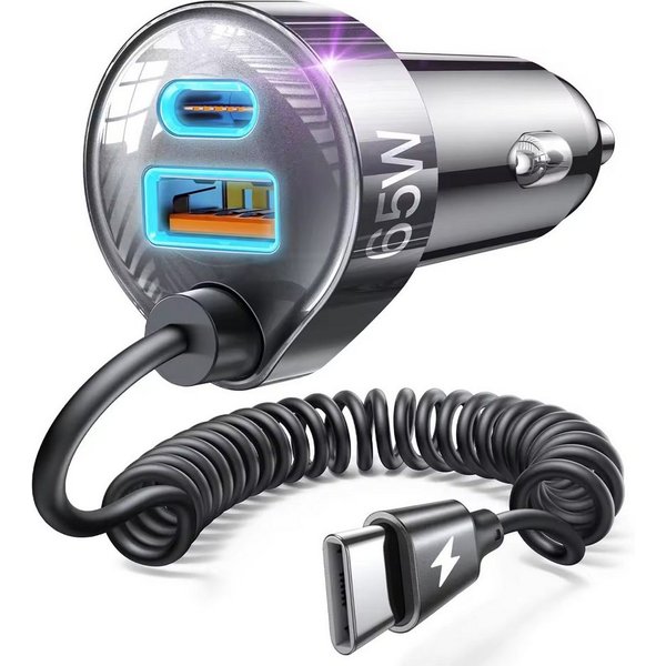 GreenHec 90W USB C KFZ Ladegerät Zigarettenanzünder Spiralkabel PD Schnelllader USB-Ladegerät (90W gesamt, 45W USB-C PD, Spiralkabel, 4 Anschlüsse, 12V/24V)