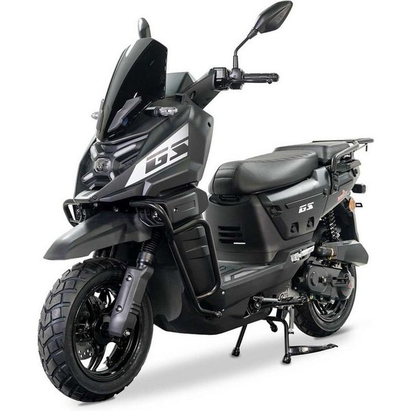 Burnout Motorroller GS-50 Mattschwarz, 50 ccm, 45 km/h, Euro 5, 4-Takt EFI, Sturzbügel, Windschild, LED-Display, USB, Gepäckträger
