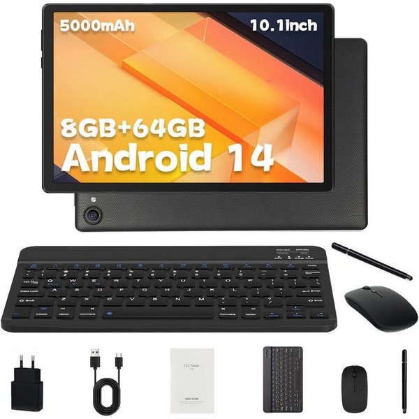 BUFO 10 Zoll 1280x800 HD 5000mAh WiFi 6 mit Tastatur, Maus und Stylus Tablet (10.1", 64 GB, Android 14, 5G WiFi, Android 14 mit Tastatur Set, KI-Unterstützung, 