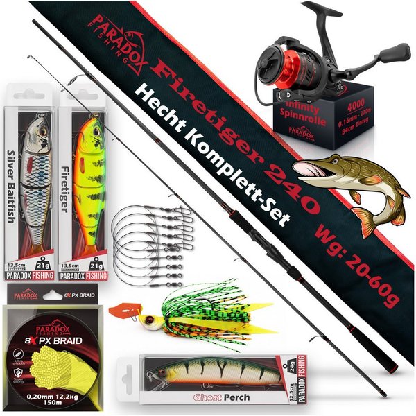 Paradox Fishing Spinnrute Hecht Komplett Set Firetiger Spinnrute 20-60g + 4000 Infinity Rolle, (Set, Rute + 4000 Rolle + Köderset), Komplett-Starterset