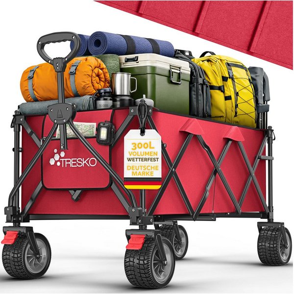 TRESKO Bollerwagen Bollerwagen faltbar 300L mit Bremse Handwagen klappbar 150kg (inkl. Vollgummireifen Faltbarer Strandwagen mit Extra Breite All-Terrain-Räder,