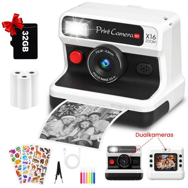Whraills Kinderkamera Sofortbildkamera,Dualkameras,1080P mit 2,4" Bildschirm Kinderkamera (inkl. 32GB TF Karte,3 Rollen Druckpapier,3 Aufklebern,6 Filzstifte, 3
