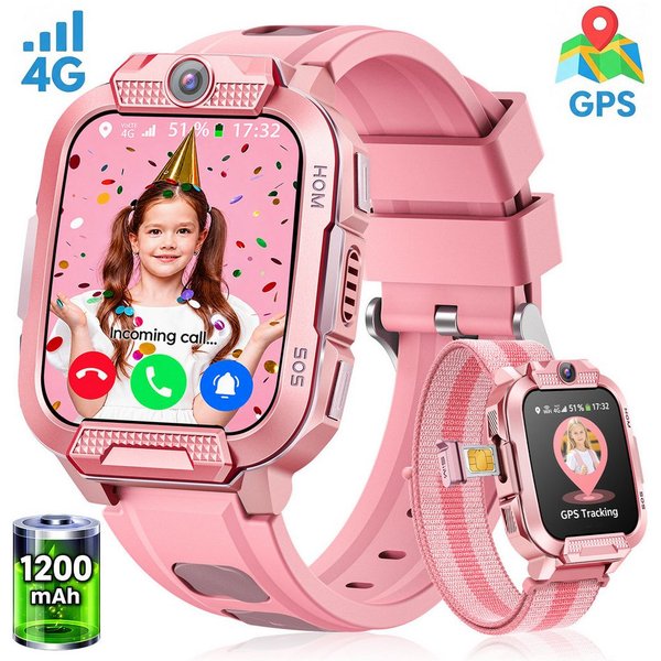 Whraills 2026 4G Kinder Smartwatch mit GPS Telefon Video SOS für Jungen Mädchen Smartwatch 4-fache Ortung (GPS, WLAN, LBS, AGPS), Sicherheitszonen, Eltern App, 
