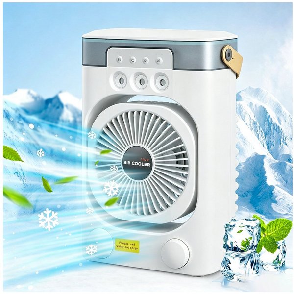 MOPUEA Ventilatorkombigerät 2-in-1 Luftkühler mit Sprühnebel 600ml 3Stufen LED-Licht Timer, Sprühnebel, 7 Farben, 3 Windstufen, Timer und integrierter Tragegrif