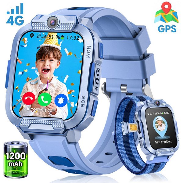 Whraills 2026 4G Kinder Smartwatch mit GPS Telefon Video SOS für Jungen Mädchen Smartwatch 4-fache Ortung (GPS, WLAN, LBS, AGPS), Sicherheitszonen, Eltern App, 