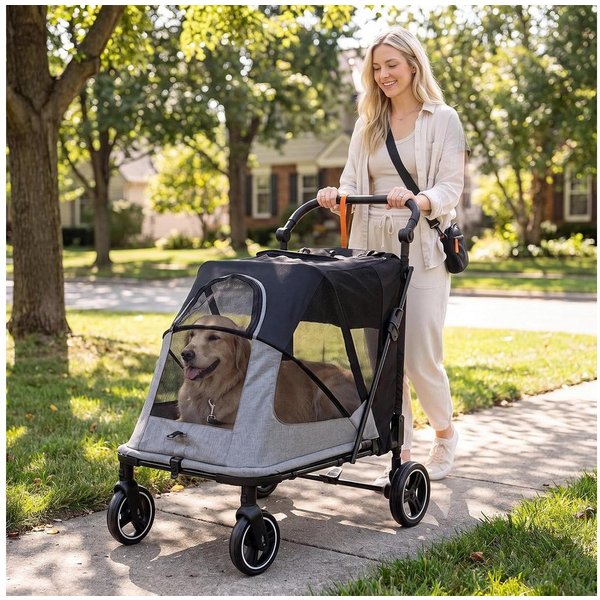 TLGREEN Hundebuggy Großer faltbarer Hundewagen bis 30 kg, (stabiler 4‑Räder Haustierwagen für große Hunde), All‑Terrain‑Räder, atmungsaktives Netzgewebe, Einhan
